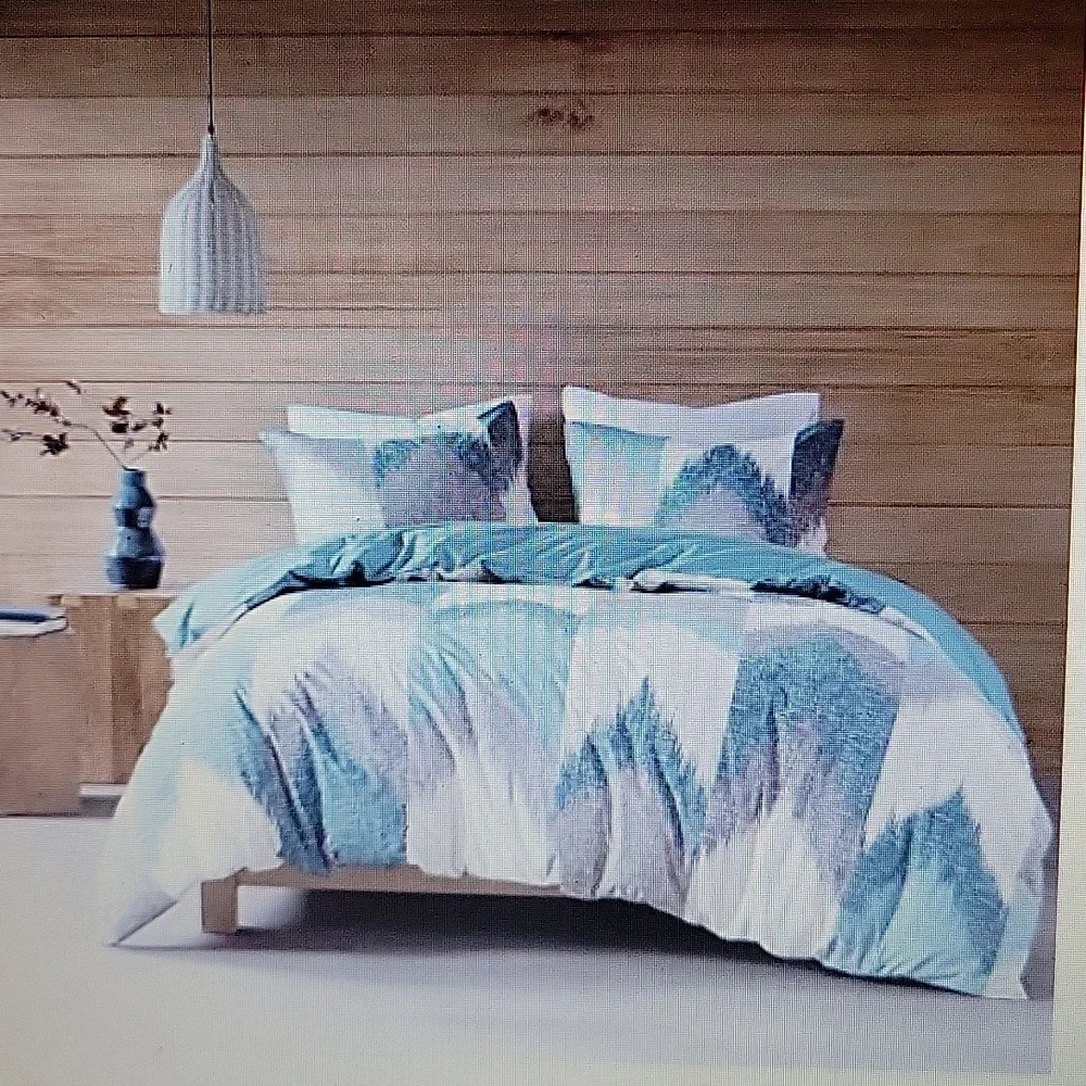INK+IVY AQUA GRAY WHITE GEOMETRIC ALPINE DUVET COVER SET FULL/QUEEN 88X92